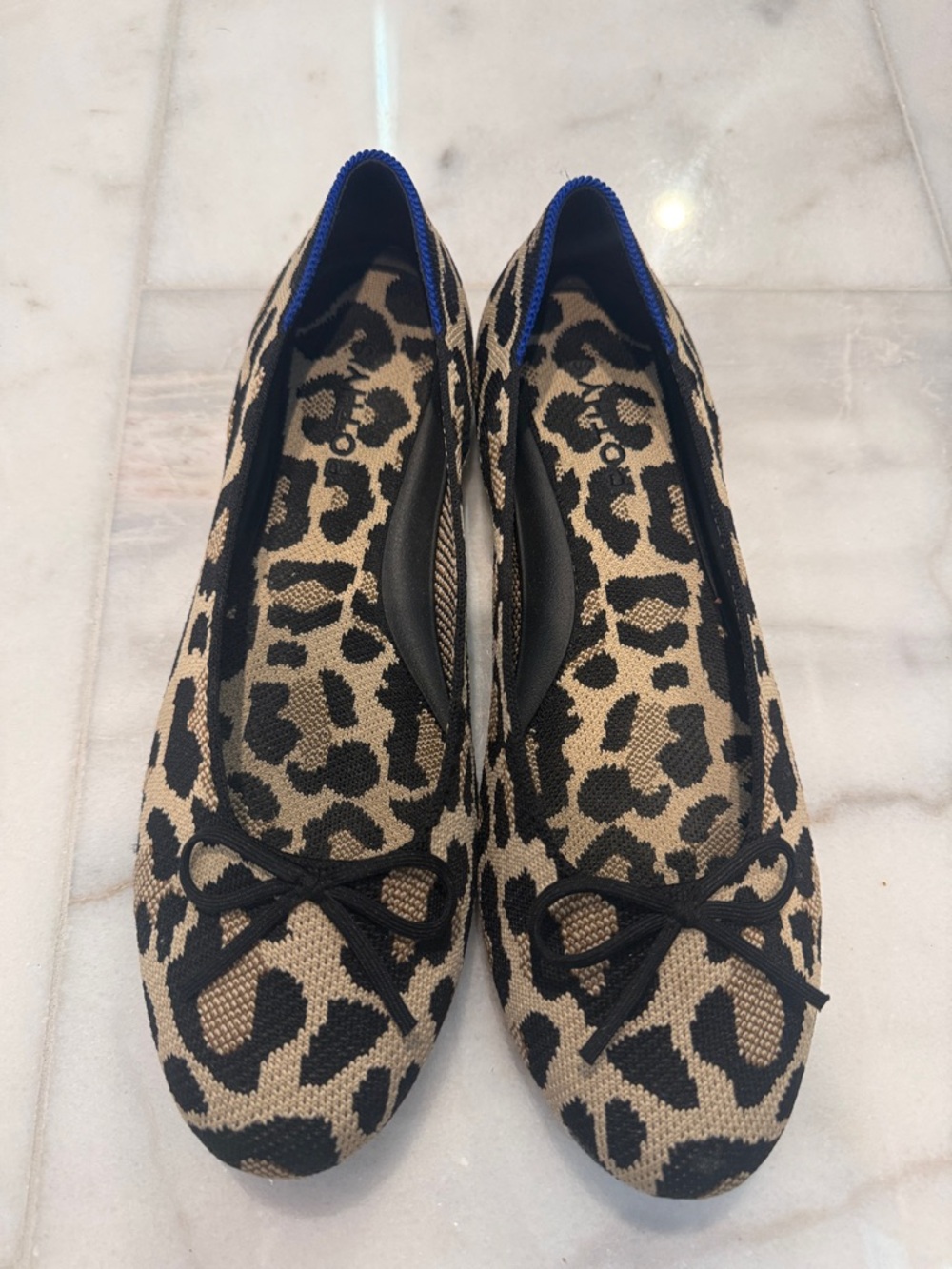 Rothy's Leopard Print Knit Ballet Flats in Tan and Black with Blue Trim